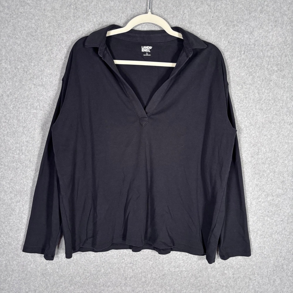 Lands End Pullover Polo Sweatshirt Large Black 100% Cotton Lounge Comfy Cozy